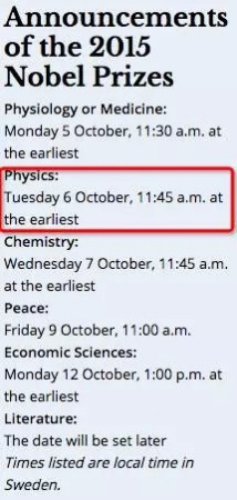 官網(wǎng)發(fā)布2015諾貝爾獎項與公布時間