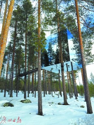 圖①：“鏡魔方”客房采用了輕質(zhì)鋁合金結(jié)構(gòu)，這是一個邊長為4米的立方體，外墻全部貼上鏡面，映射著四周的景物，使樹屋與天空和樹林完全融為一體。為了避免這座偽裝性極高的樹屋被飛行中的鳥類撞上，樹屋的玻璃外墻貼上了僅有鳥類可視的紅外線薄膜，同時保障了鳥類和樹屋的安全?？头績?nèi)部墻面為五合板，窗戶提供360度景觀。提供雙人床、淋浴及屋頂露臺。