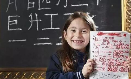 一名外國小學生拿著滿是漢語學習筆記的本子。