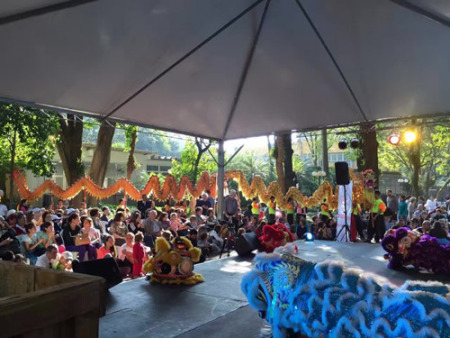 藝術(shù)團(tuán)龍獅隊(duì)在表演舞龍舞獅