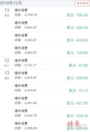 楊小姐提供的信用卡被盜刷記錄。(美國(guó)《僑報(bào)》資料圖 楊小姐提供)