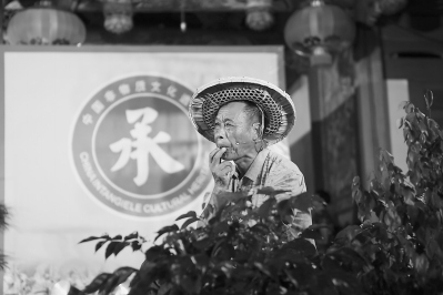 非遺晚會上，老人用樹葉當樂器演奏。