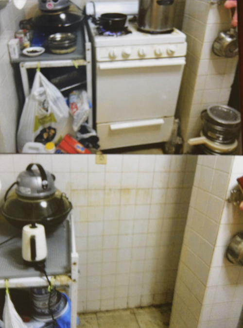 趁著老夫婦去醫(yī)院，房東將灶臺(tái)移走。(美國《世界日?qǐng)?bào)》/紀(jì)麗雅提供)