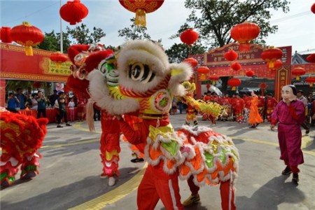 2017老撾“歡樂春節(jié)”廟會(huì)上的舞獅表演。（）