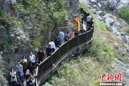 海外華文媒體一行踏訪先秦古棧道，一探古蜀道的歷史文化魅力。張浪 攝