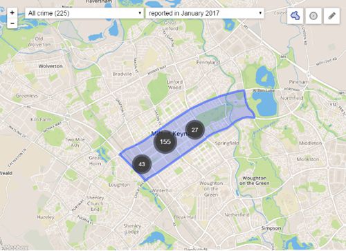 2017年1月米爾頓凱恩斯中心地帶犯罪分布圖。（英國《英中時(shí)報(bào)》 來源：英國警局）