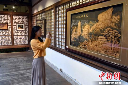 本次展覽共展出吳芝生、吳奕紅、陳秋萍等9位福州軟木畫名家作品59件吸睛?！∮浾邉⒖筛?攝