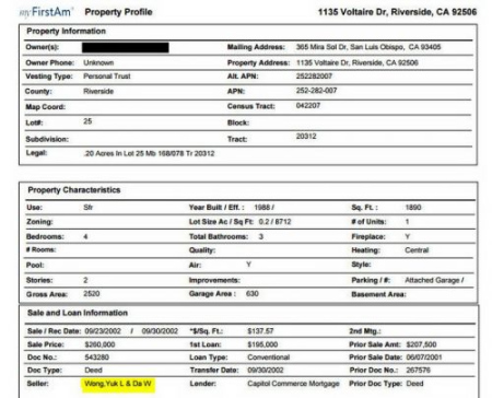 房產(chǎn)交易記錄中“王大偉”被省略成“Da W”，凸顯交易人做賊心虛、欲蓋彌彰的心態(tài)。(美國(guó)《僑報(bào)》摘自房地產(chǎn)交易記錄)