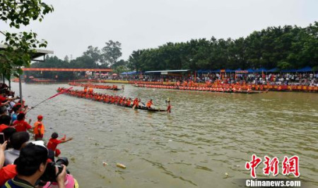 資料圖：2016年6月在牛勒河舉辦廣東省第一屆傳統(tǒng)龍舟爭(zhēng)霸賽。圖為比賽現(xiàn)場(chǎng)。（圖片來源：中國(guó)新聞網(wǎng)）