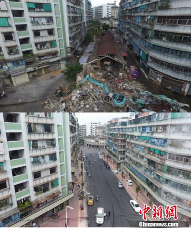 汕頭“創(chuàng)文”整治前后對(duì)比圖（上圖為“創(chuàng)文”整治前，瑞平市場(chǎng)占道經(jīng)驗(yàn)，下圖為“創(chuàng)文”整治后，還路于民）張烈華 攝