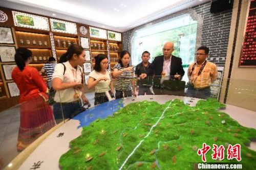 圖為柬埔寨主流媒體代表團在廣西藥用植物園內(nèi)與中方專家交流，了解廣西藥用植物發(fā)展狀況。　俞靖 攝