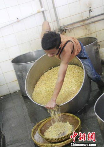 圖為工人正在泡洗黃豆?！×钟纻?攝