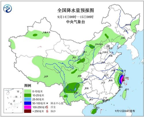 圖4 全國(guó)降水量預(yù)報(bào)圖(9月14日08時(shí)-15日08時(shí))