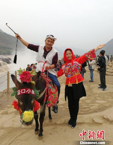 緬甸南坎明德學(xué)校的負責(zé)人楊蜜蜜與弟弟楊彪在黃河岸邊穿上極具地方特色的服飾，騎著毛驢合影留念?！罱苡?攝