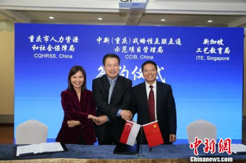 圖為重慶市人力資源和社會(huì)保障局、中新(重慶)戰(zhàn)略性互聯(lián)互通示范項(xiàng)目管理局和新加坡工藝教育局相關(guān)代表簽署《技能人才培養(yǎng)與國(guó)際交流合作諒解備忘錄》。　楊永權(quán) 攝