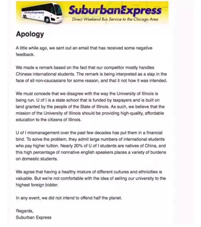 “郊區(qū)快線(xiàn)”巴士的圣誕促銷(xiāo)引發(fā)不滿(mǎn)后，該公司隨即發(fā)出道歉信，但卻重批中國(guó)生過(guò)多造成本地學(xué)生“負(fù)擔(dān)”。(美國(guó)《世界日?qǐng)?bào)》/網(wǎng)站截圖)
