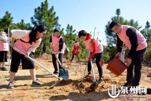  幾名泉州微公益協(xié)會的志愿者協(xié)力共培新綠