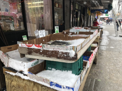 布魯克林8大道雖然大多數(shù)超市正常營業(yè)，但是門口的菜販與水果攤卻空空如也。(美國《世界日報》/黃伊奕 攝)