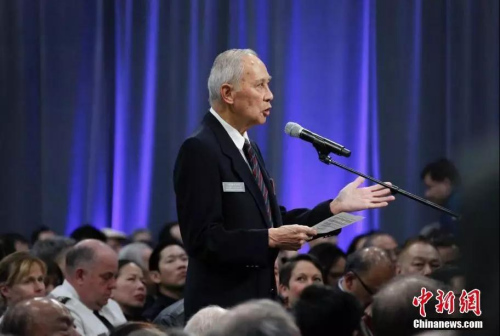 85歲的華裔退伍老兵吳英超作為華社代表發(fā)言，對(duì)當(dāng)局的道歉作出回應(yīng)。<a target='_blank' >中新社</a>記者 余瑞冬 攝