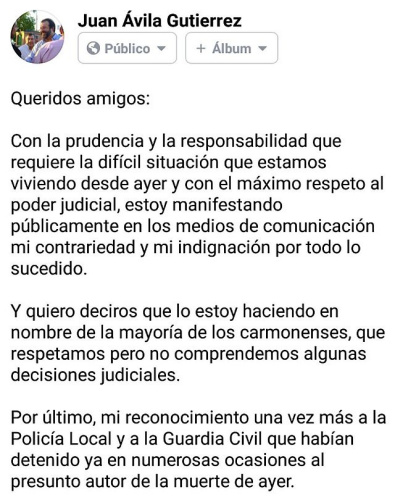 卡爾莫納市長胡安•阿維拉在社交媒體上公開質(zhì)問當(dāng)?shù)厮痉C構(gòu)(來源：胡安•阿維拉Twitter賬戶)