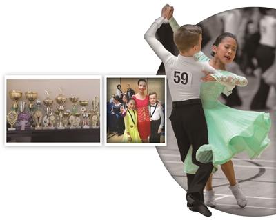 左圖：隋淵靜家里擺滿了各種比賽的獎(jiǎng)杯。中圖：兩個(gè)孩子和老師勞拉在一起。右圖：隋淵靜和舞伴在比賽中。(圖片來源：《揚(yáng)子晚報(bào)》)