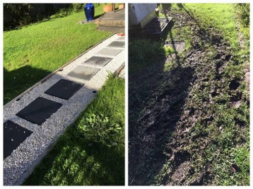 (左圖為租客住進(jìn)來(lái)之前的路，右圖為被租客踐踏后的草坪)