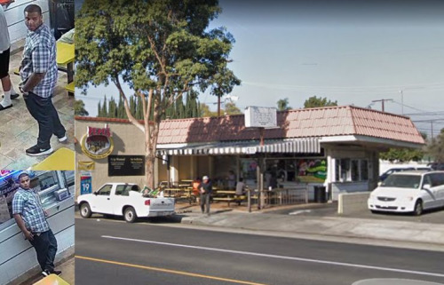 山谷西路佩佩快餐店和警方公布的嫌犯照片。