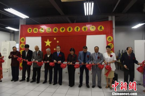 圖為中國駐圣保羅總領(lǐng)事陳佩潔(左六)和巴西中華書法學(xué)會會長劉樹德(左五)等為書畫展開幕剪彩?！∧尚?攝