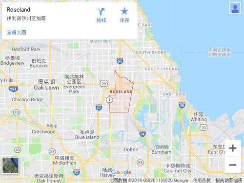 上圖紅色框之處，即為史教授前往尋車的羅斯蘭德區(qū)(Roseland)，治安非常差。(谷歌地圖截圖）