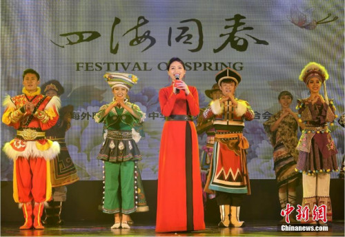 當(dāng)?shù)貢r(shí)間2月21日，繼泗水站后，2019年“四海同春”亞洲團(tuán)棉蘭場(chǎng)演出成功舉行。至此，該團(tuán)在“千島之國(guó)”印尼的訪問(wèn)演出圓滿落下帷幕。圖為晚會(huì)現(xiàn)場(chǎng)，主持人攜舞蹈演員向印尼華僑華人致以節(jié)日問(wèn)候。<a target='_blank' >中新社</a>記者 周欣嬡 攝