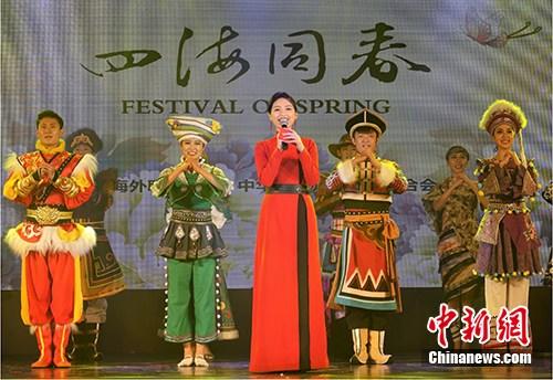 當?shù)貢r間2月21日，繼泗水站后，2019年“四海同春”亞洲團棉蘭場演出成功舉行。至此，該團在“千島之國”印尼的訪問演出圓滿落下帷幕。圖為晚會現(xiàn)場，主持人攜舞蹈演員向印尼華僑華人致以節(jié)日問候。<a target='_blank' >中新社</a>記者 周欣嬡 攝(資料圖)