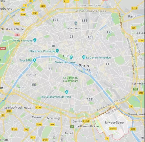 被搶中國游客入住酒店位于塞納河畔伊夫里Ivry-sur-Seine（圖片右下），是法國法蘭西島大區(qū)馬恩河谷省的一個市鎮(zhèn)，位于巴黎大區(qū)東南部，靠近華人區(qū)13區(qū)。