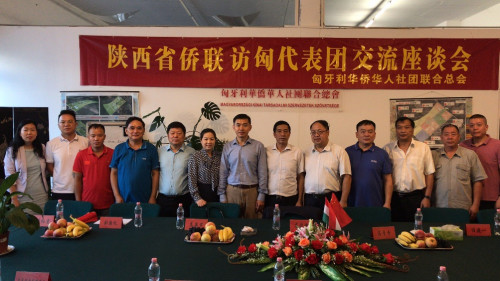 中國駐匈使館領(lǐng)事部主任李克震(左7)、陝西省僑聯(lián)副主席高俊峰(右5)、匈華總會主席余美明(右6)、匈牙利福建商會會長劉文建(左4)等參加座談會僑領(lǐng)合影留念。(圖片來源：匈牙利《歐洲論壇報》)