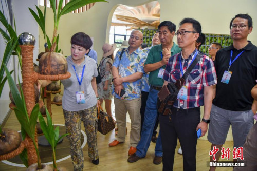 10月9日，參加2019年“行走中國·境外華文媒體海南行”活動的19個國家和地區(qū)的34位華文媒體高層人士，走訪海南僑鄉(xiāng)文昌、瓊海、萬寧等地，感受僑鄉(xiāng)發(fā)展變遷。圖為海外華文媒體高層人士參觀文昌椰子王國。<a target='_blank' >中新社</a>記者 駱云飛 攝