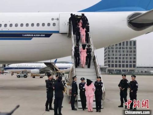 資料圖：警察在押回“殺豬盤”詐騙人員。(圖源：中國(guó)新聞網(wǎng))