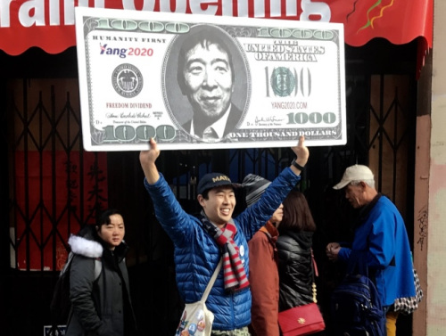 不少華裔總統(tǒng)候選人楊安澤的支持者在花市高舉選舉牌示，十分搶眼，引起大家的注意。(記者李秀蘭／攝影)