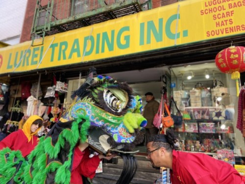 十余支醒獅隊(duì)在紐約曼哈頓華埠熱鬧登場(chǎng)，小商家紛紛開(kāi)門迎接給紅包。(美國(guó)《世界日?qǐng)?bào)》/鄭怡嫣 攝)