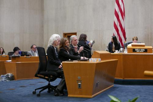 萊爾、杜瓦度和Robert Sowell向洛杉磯縣政委員作報(bào)告。(美國《世界日?qǐng)?bào)》/李雪攝)