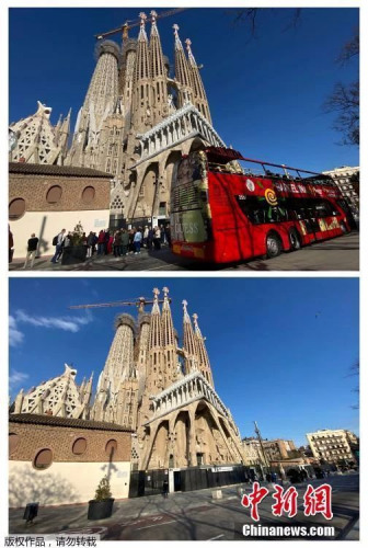 全球疫情之下，西班牙巴塞羅那圣家族大教堂今昔對(duì)比。