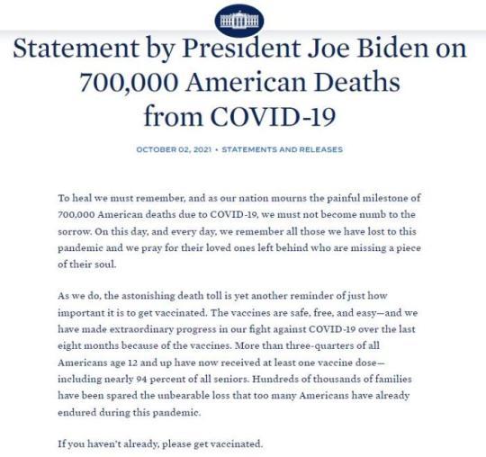 圖為美國總統(tǒng)拜登發(fā)布的聲明。圖片來源：白宮網(wǎng)站截圖。