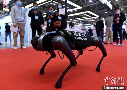圖為智能巡邏犬吸引參觀者?！蚊?攝