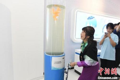 中國(guó)僑網(wǎng)華媒代表體驗(yàn)水漩渦實(shí)驗(yàn)設(shè)備。中新網(wǎng)記者 楊華峰 攝