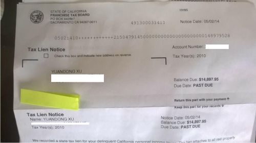 圖為加州稅務(wù)局2014年5月2日向徐遠(yuǎn)東發(fā)出的課稅扣押令。(美國(guó)《僑報(bào)》)