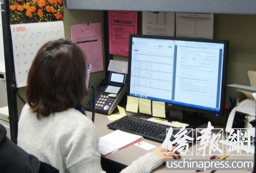 熱線電話接線員在工作中,這條熱線專供講漢語普通話或粵語的民眾服務(wù)。(美國《僑報(bào)》/章寧
