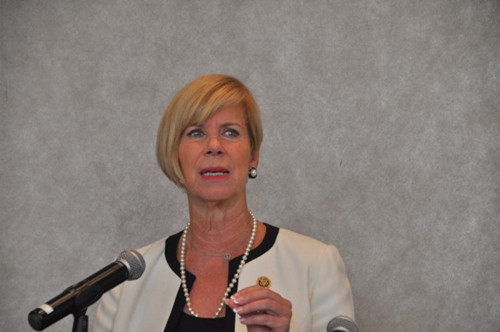 韓珍妮面向華人小區(qū)呼吁投她一票。(美國(guó)《世界日?qǐng)?bào)》/張?jiān)?攝)