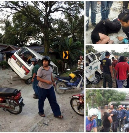 中國僑網(wǎng)綁匪客貨車失控猛撞路邊大樹(左圖),小圖為綁匪被憤怒的群眾圍毆及逮捕。(馬來西亞《星洲日報(bào)》)