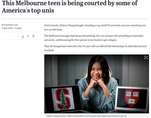 中國僑網(wǎng)墨爾本華裔少年夏琳娜·常獲得了美國哈佛大學(xué)和斯坦福大學(xué)的全額獎學(xué)金。