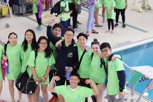 中國僑網(wǎng)17歲的華裔少年王一皓(中間黑色衣服),在2017至2018賽季紐約市公園局游泳大賽上獲得第一名。(美國《世界日?qǐng)?bào)》/王一皓提供)