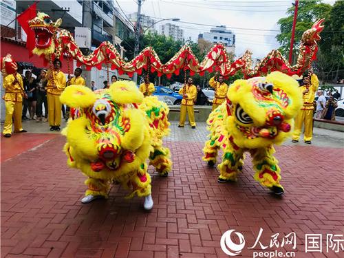 中國僑網(wǎng)慶祝活動(dòng)現(xiàn)場的舞龍舞獅表演。 記者 朱東君攝