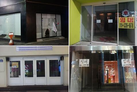 中國(guó)僑網(wǎng)明洞眾多店面前貼有“租賃”字樣的標(biāo)識(shí)。(韓國(guó)亞洲經(jīng)濟(jì)中文網(wǎng))